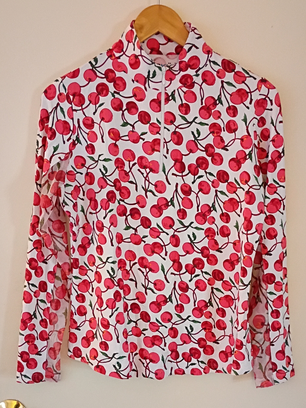 IBKUL White Long Sleeve Zip Mock Neck Top with Red Cherry Print